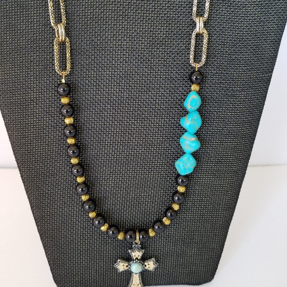 White Turquoise & Wood Beaded Cross Necklace